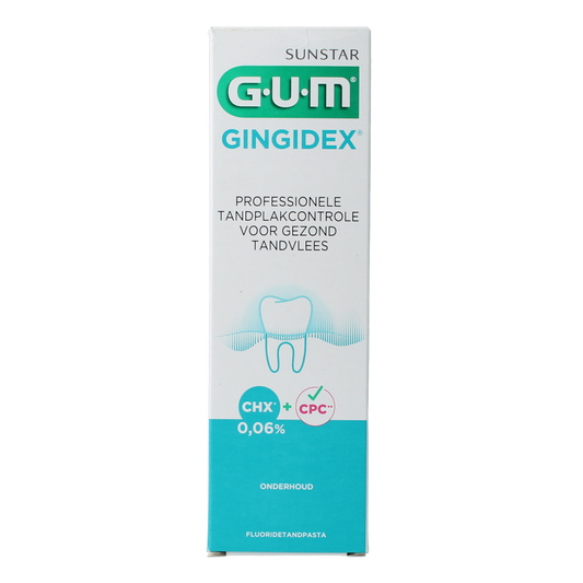 GUM Gingidex toothpaste tube, 75ml, with white and blue packaging, designed for oral hygiene and freshening breath.