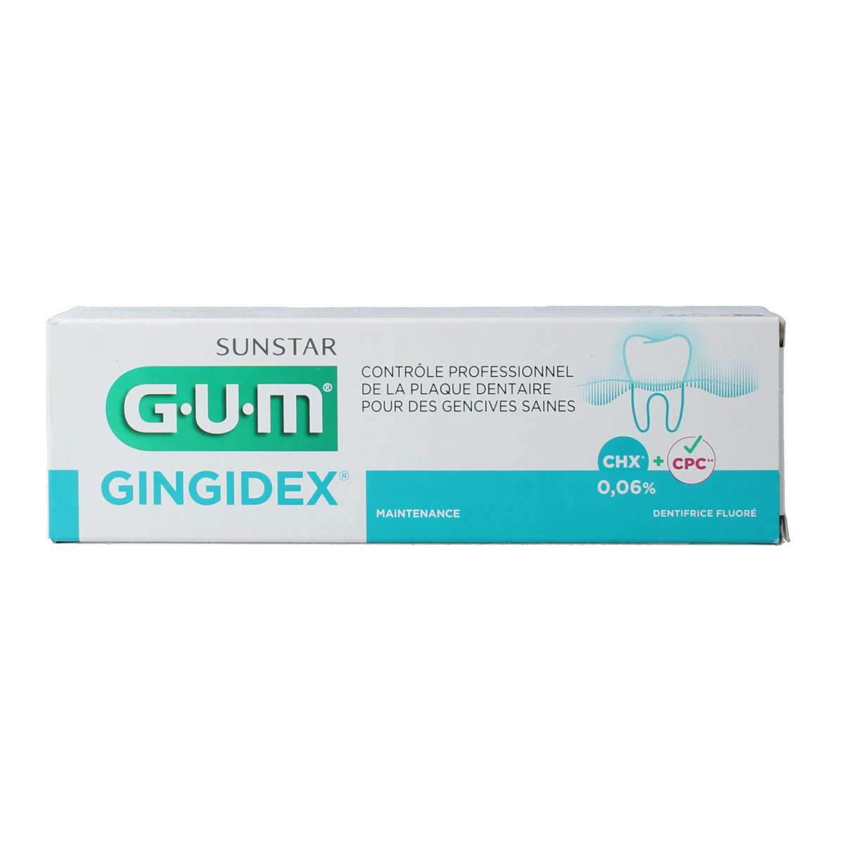 GUM Gingidex toothpaste tube, 75ml, showing the white tube with blue and green accents and GUM branding.