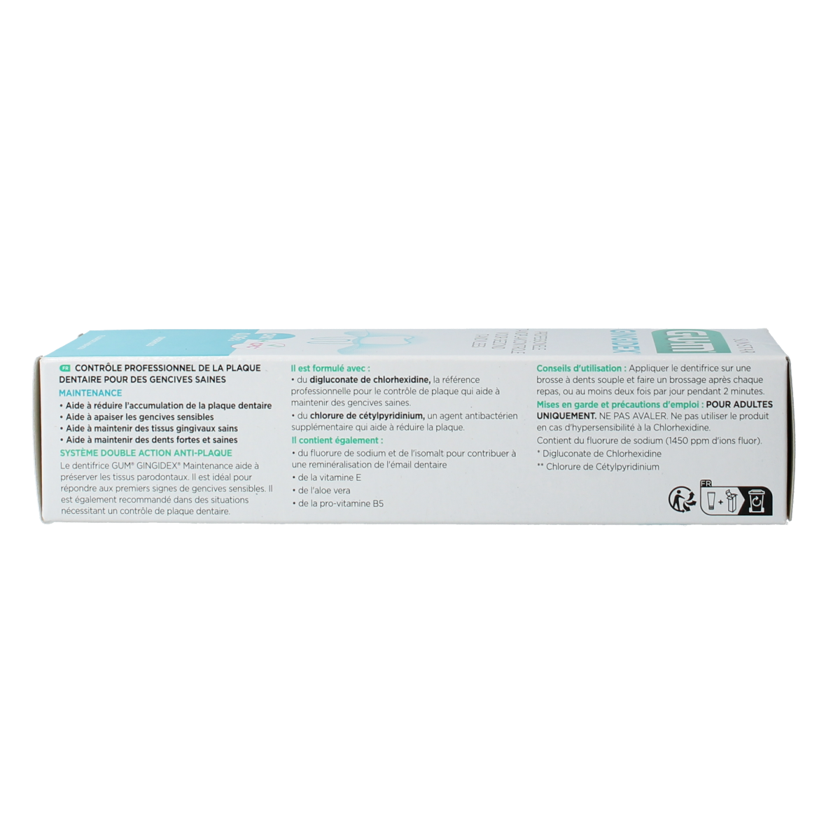 GUM Gingidex toothpaste tube, 75ml, in a white tube with blue and green accents, designed for oral hygiene and fresh breath.