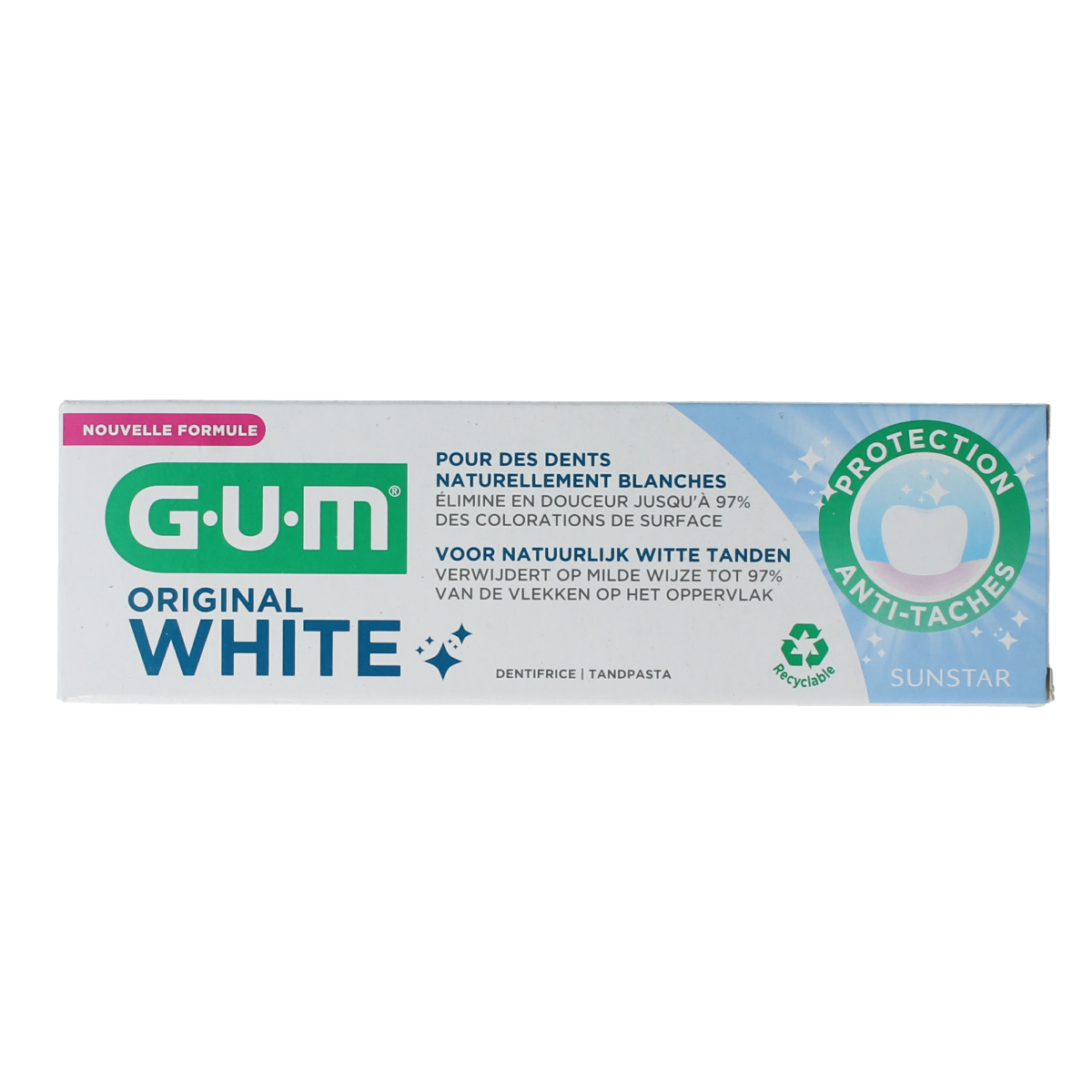 GUM White Original toothpaste tube shown, 75ml, with white packaging and GUM branding for effective teeth whitening.
