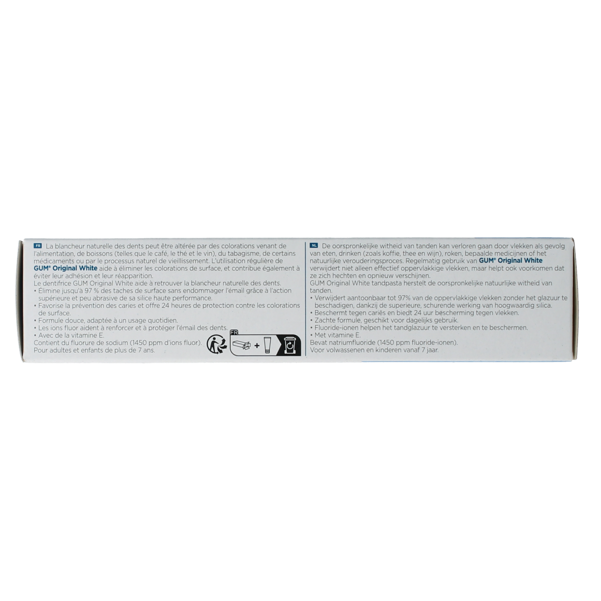 GUM White Original toothpaste tube, 75ml, showing the packaging with brand logo and product name.