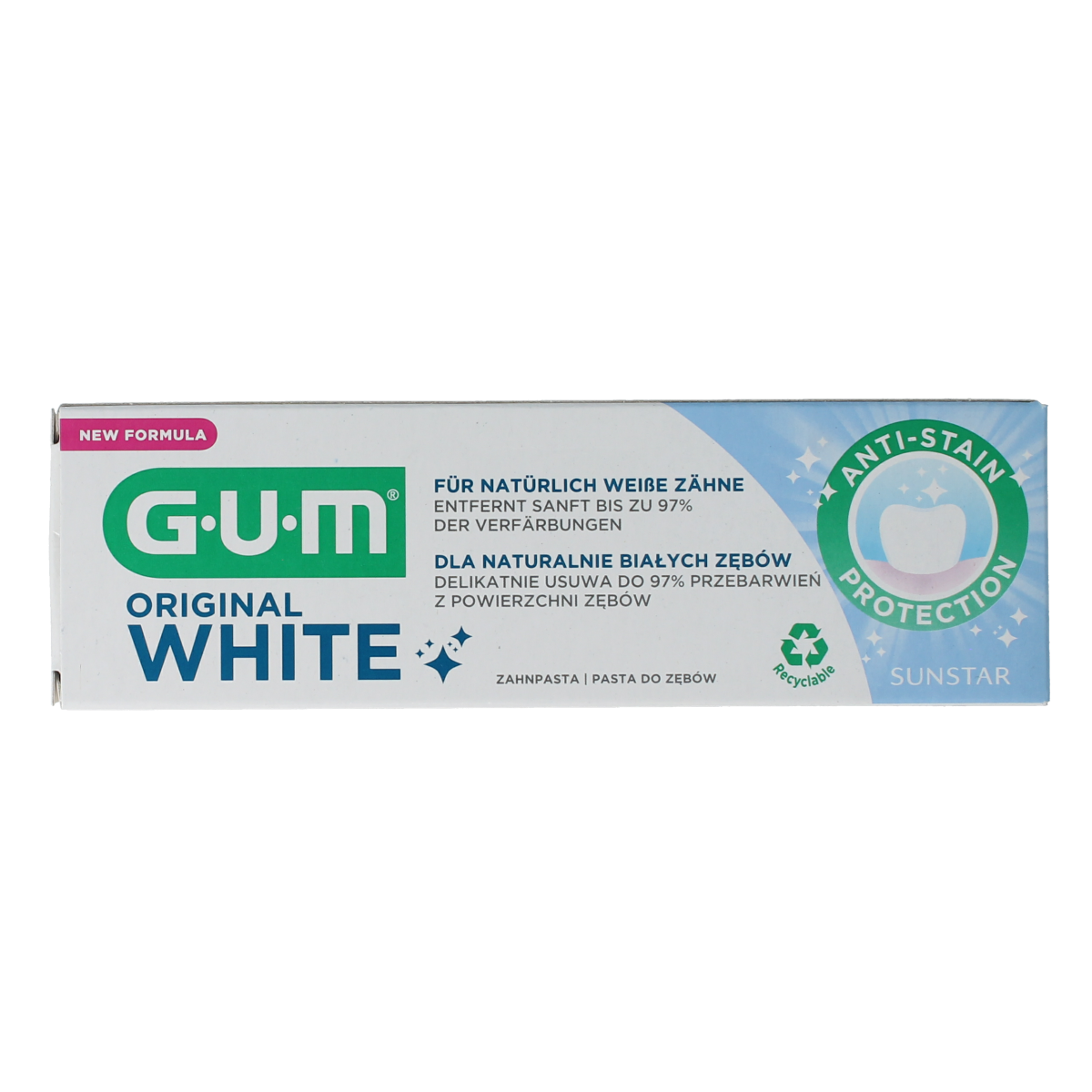 GUM White Original toothpaste tube, 75ml, with white and blue packaging showing the product label and brand name.