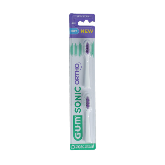GUM Sonic ortho batterij tandenborstel refill, one piece, close-up of the toothbrush head with soft bristles for orthodontic cleaning