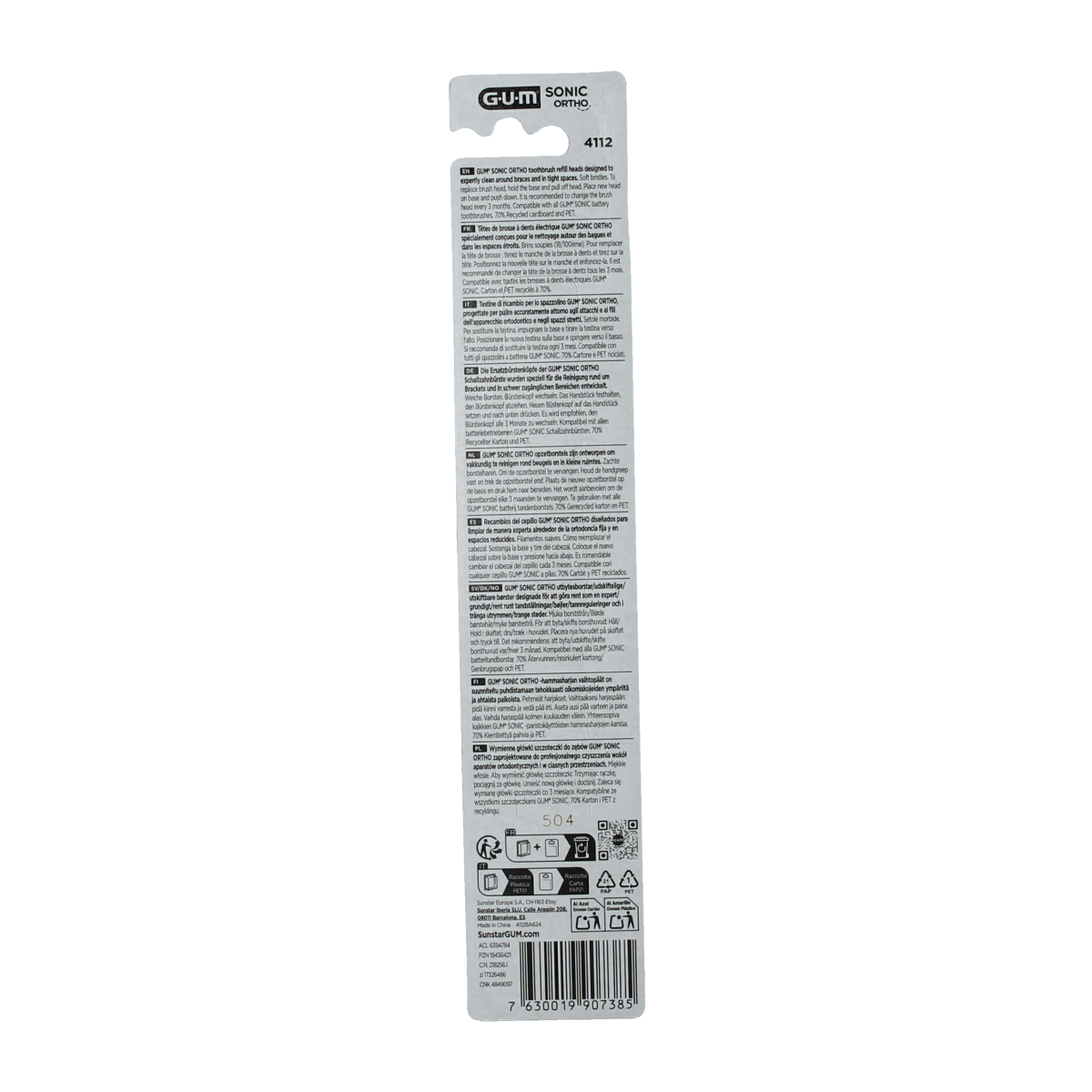 GUM Sonic ortho tandenborstel refill pack with 1 toothbrush head, designed for orthodontic use and compatible with GUM Sonic toothbrushes.