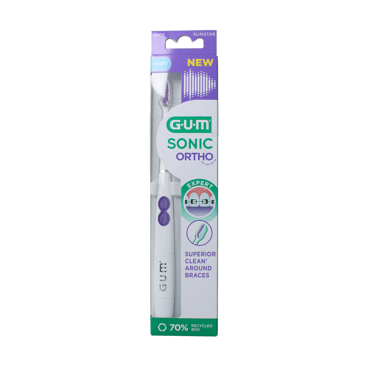 GUM Sonic ortho battery-powered toothbrush with orthodontic-friendly brush head for effective cleaning.