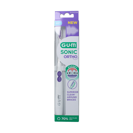 GUM Sonic ortho battery-powered toothbrush with orthodontic-friendly brush head for effective cleaning.
