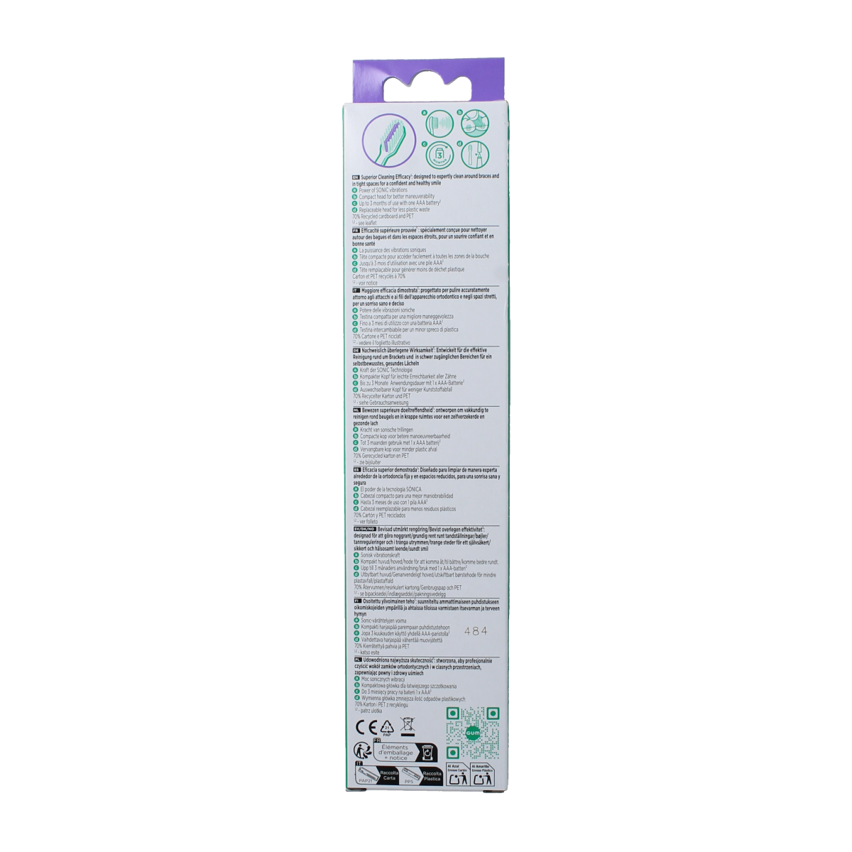 GUM Sonic ortho battery-powered toothbrush for orthodontic cleaning, shown with a white handle and bristle head.