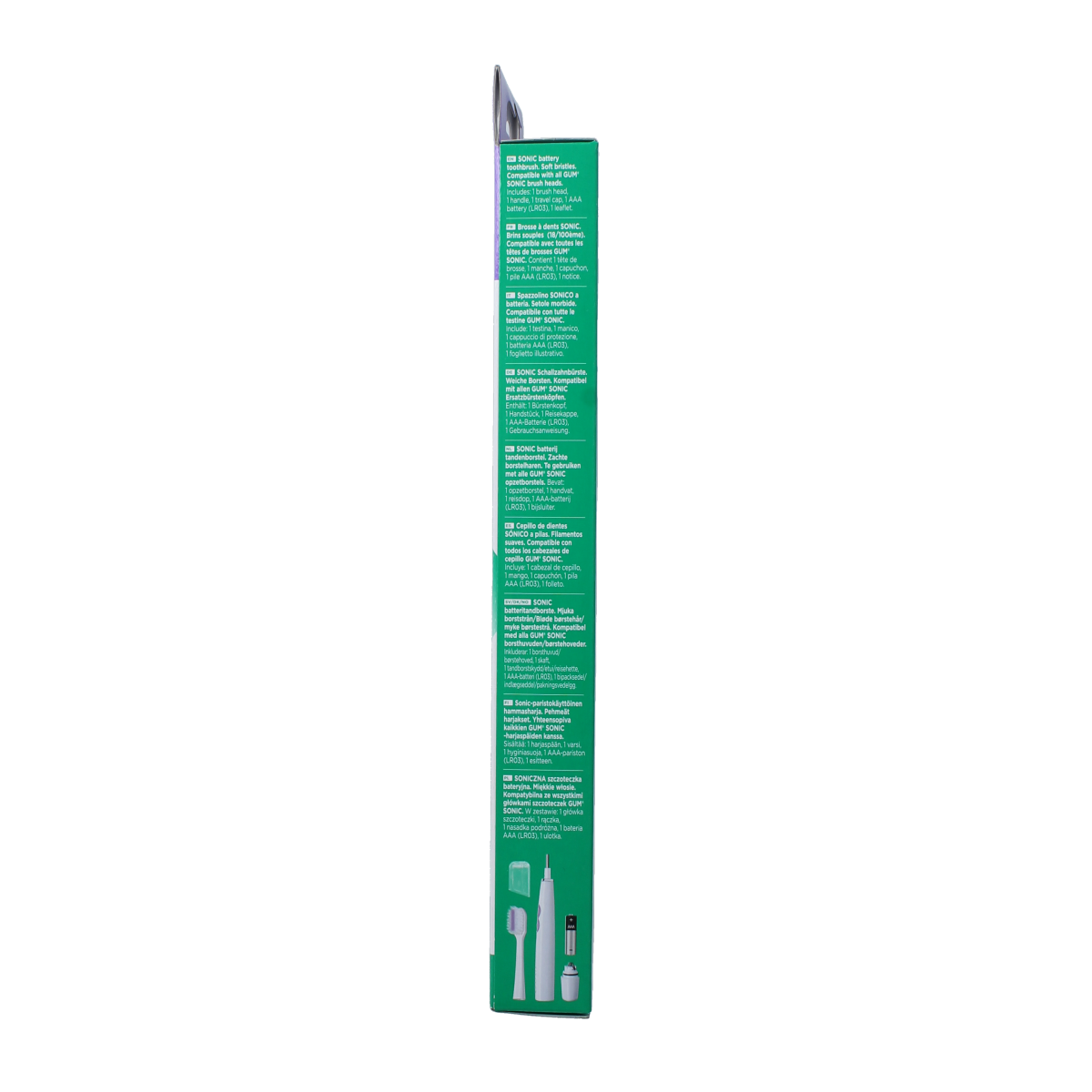 GUM Sonic ortho battery-powered toothbrush with orthodontic-friendly bristles, designed for effective cleaning of braces and teeth.