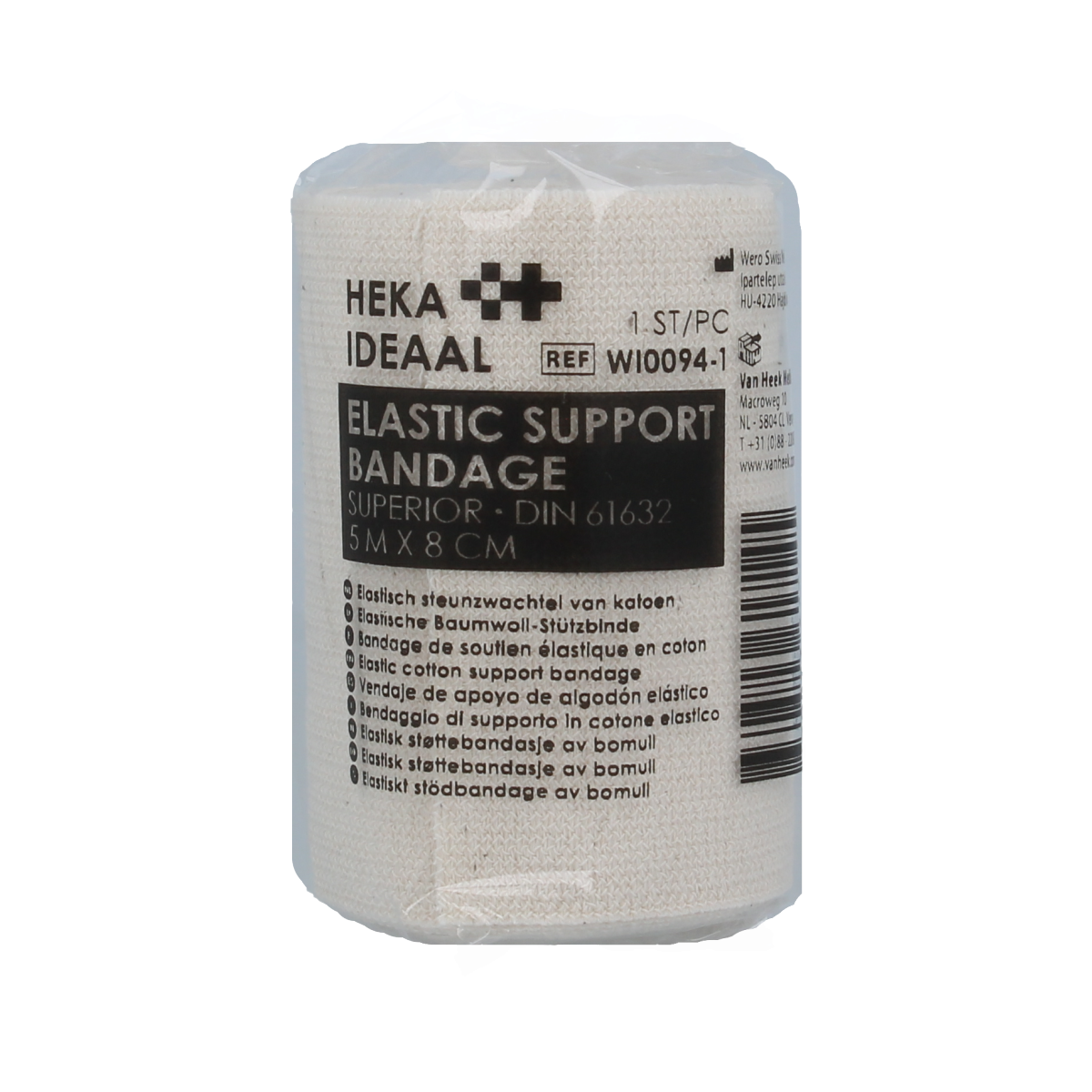 Heka Ideaal elastic support bandage 5m x 8cm for compression and support, rolled and ready for medical use.