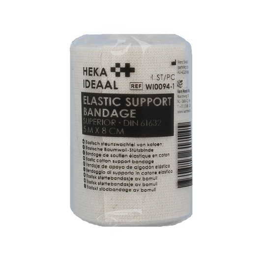 Heka Ideaal elastic support bandage 5m x 8cm for compression and support, rolled and ready for medical use.