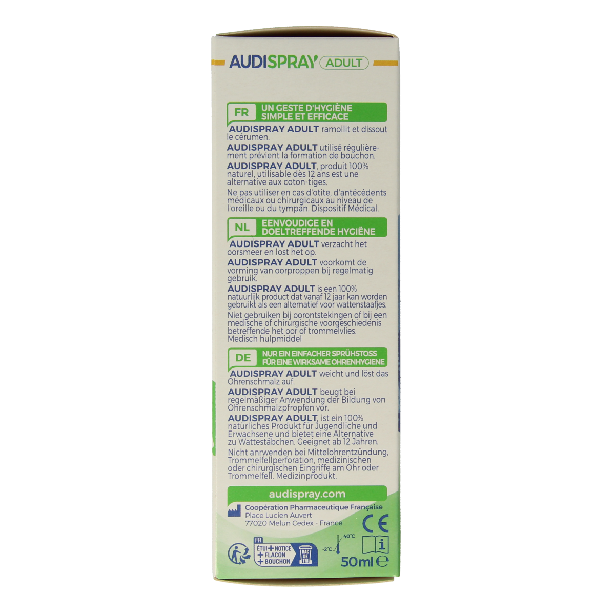 Audispray Adult ear care pump bottle, 50ml, natural ear cleaning and hygiene solution by Audispray.