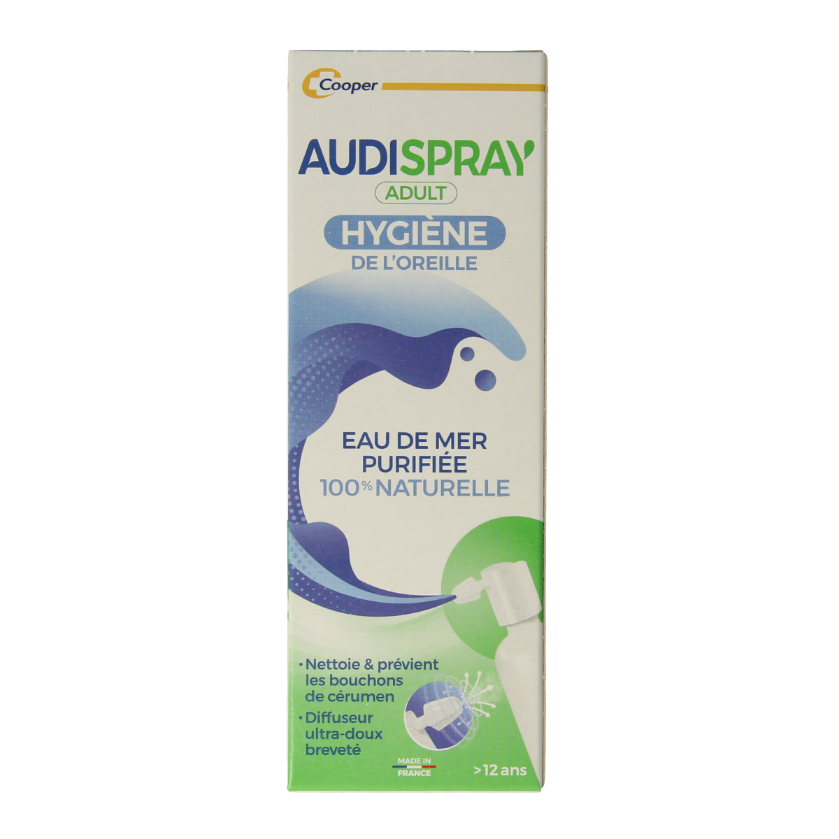 Audispray Adult ear care spray in 50ml bottle, gentle ear cleaning and protection by Audispray.