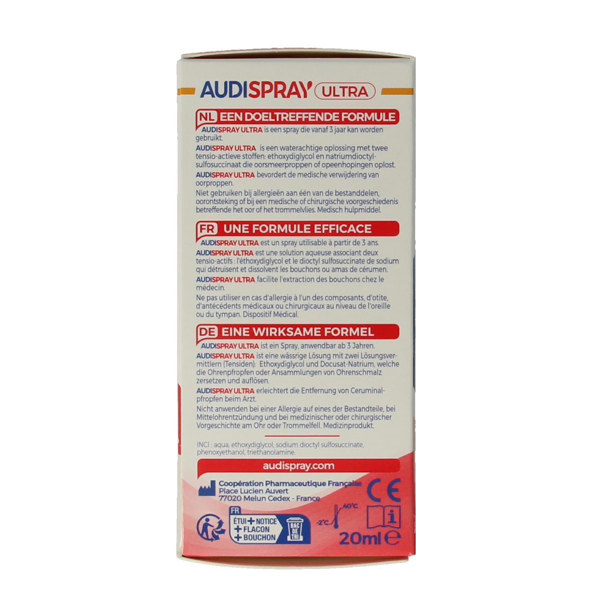 Audispray Ultra earwax removal spray in 20ml bottle, ear care product from Audispray, with nozzle for easy application.
