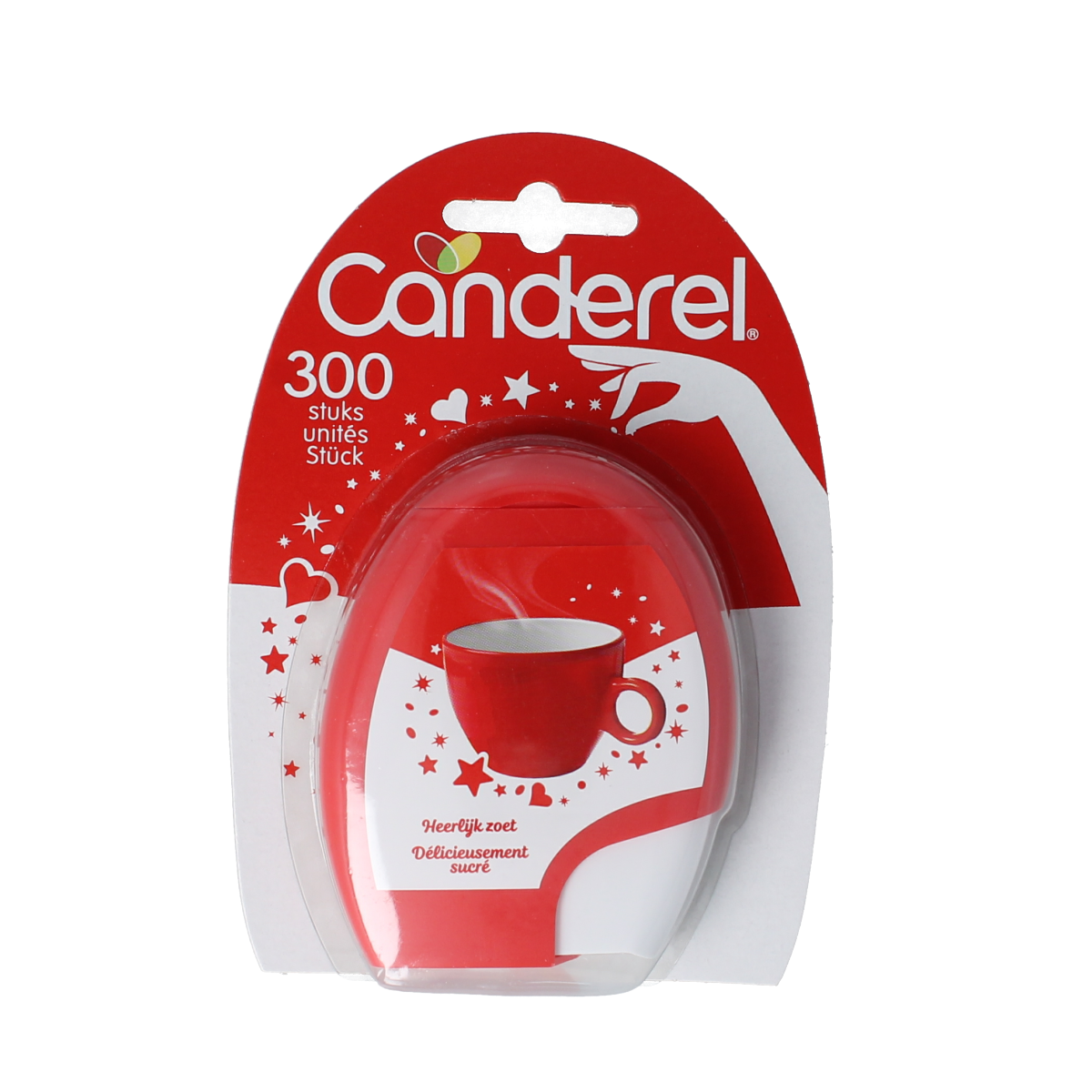 Canderel Zoetjes sugar substitute dispenser with 300 tablets, showing the compact container and label for sweetener tablets.