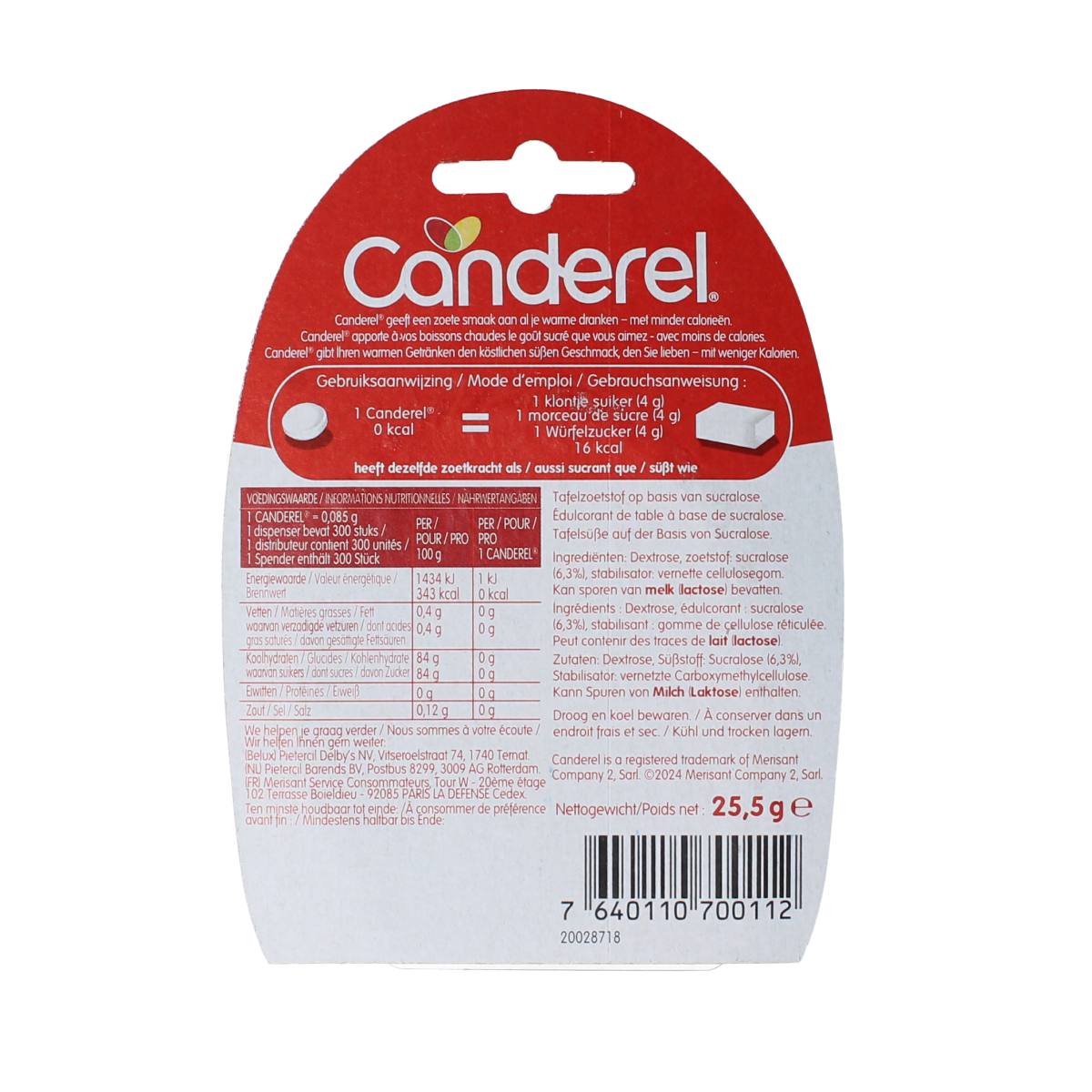 Canderel Zoetjes sugar substitute dispenser with 300 tablets, compact container for sweetening beverages and foods.