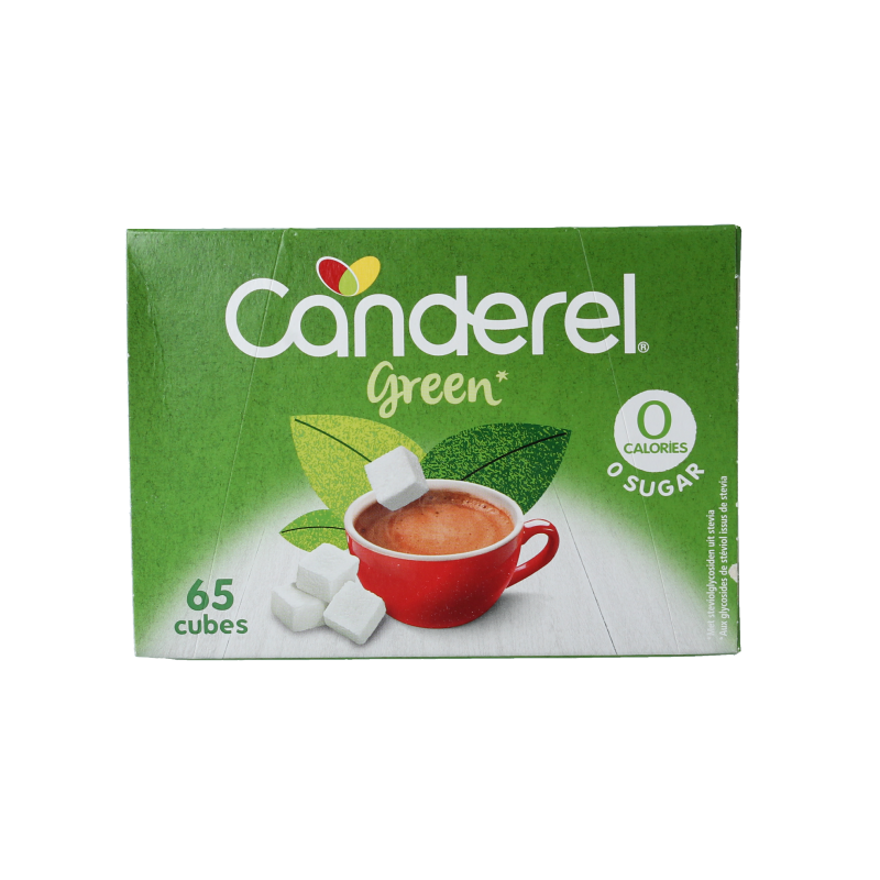 Canderel Green sweetener packets, 65 pieces, in bright green packaging, for use as sugar substitute or in beverages.