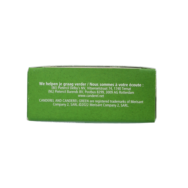 Canderel Green sweeteners, 65 pieces, low-calorie sugar substitutes from Canderel, shown in the image.