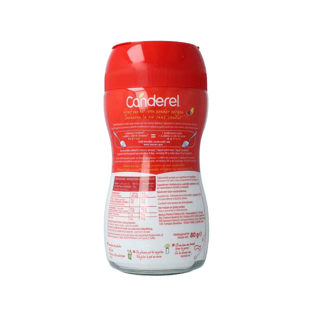 Canderel Schepje zoet pot with 80g of sugar substitute, featuring a small scoop and clear packaging for sweetening.