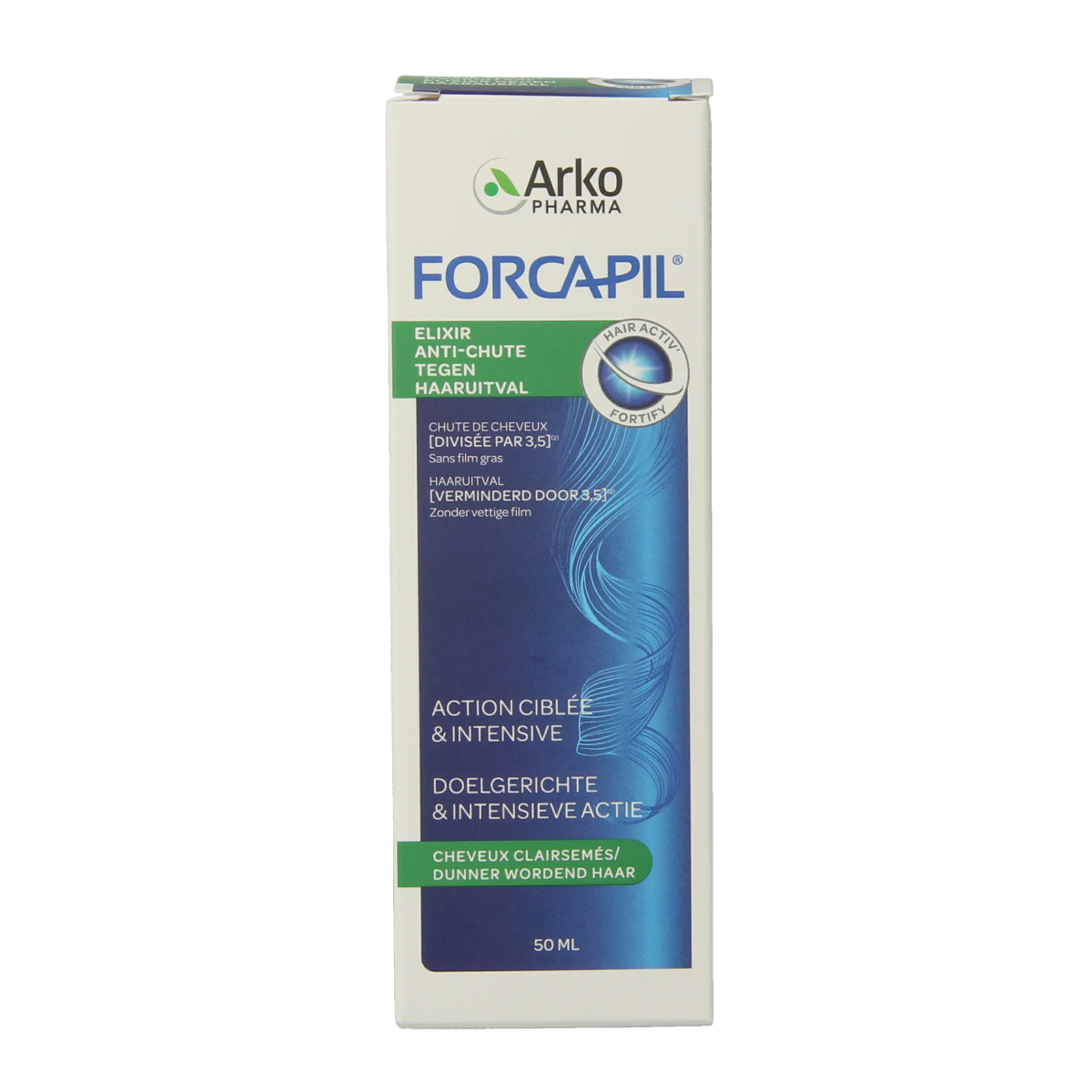 Forcapil Elixer against hair loss, 50ml bottle, natural haircare product for strengthening and nourishing hair.