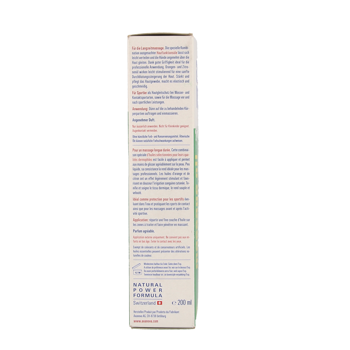 Axanova massage oil in a 200ml bottle, designed for muscle and joint care, with a clear label showing the Axanova brand.