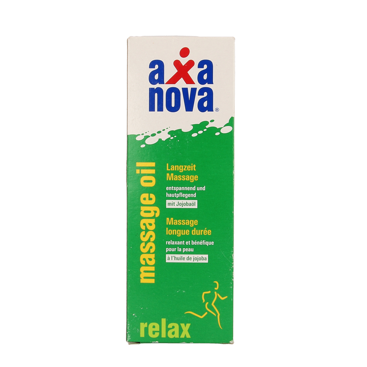 Axanova massage oil bottle for muscle and joint care, 200ml, with a clear view of the product label and packaging.