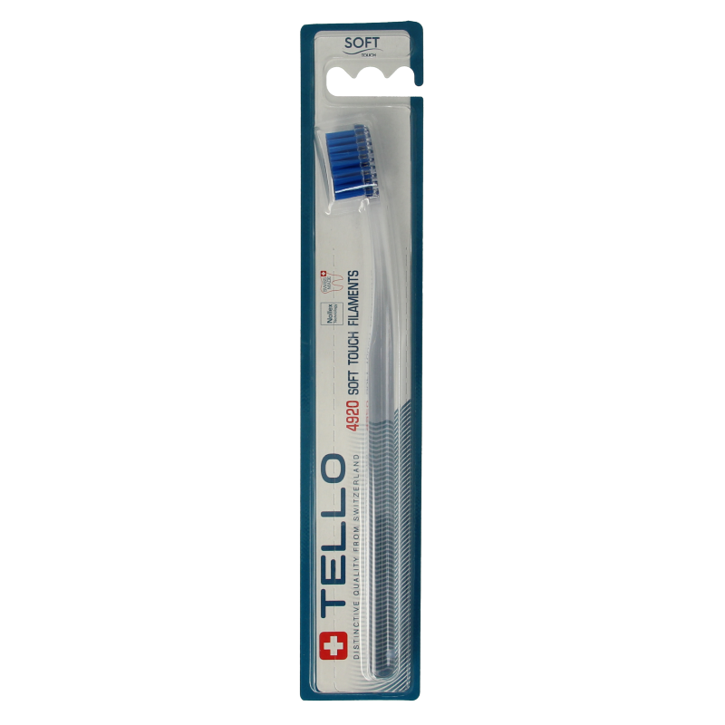 Tello soft toothbrush with white handle and bristles, designed for gentle oral care, shown in close-up image.