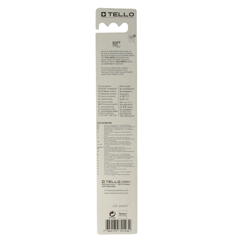 Tello soft toothbrush with rounded bristles, ideal for gentle dental cleaning, shown in close-up image.