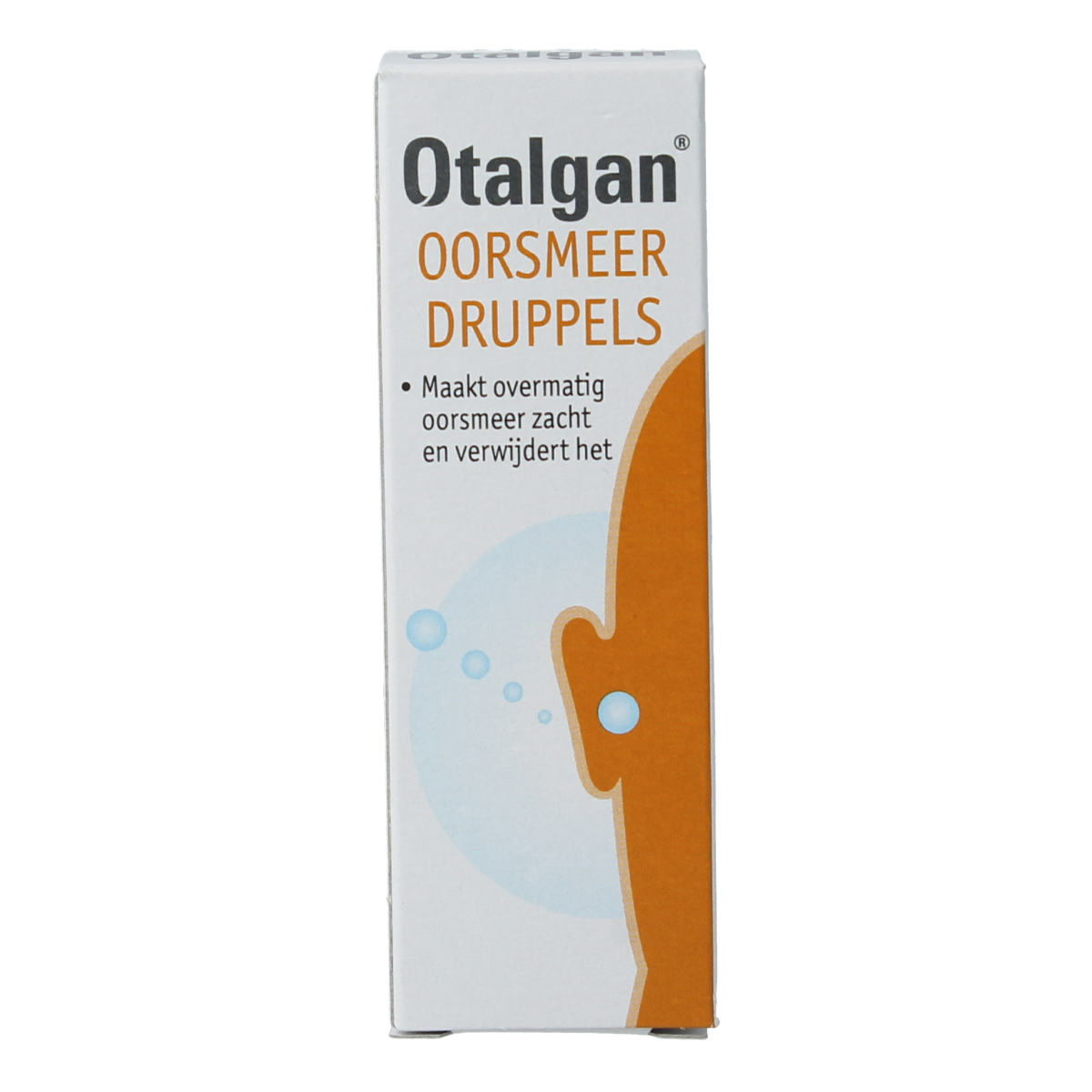 Otalgan Oorsmeer druppels 10ml for ear care, with a dropper and ear in close-up, highlighting ear health and hygiene.