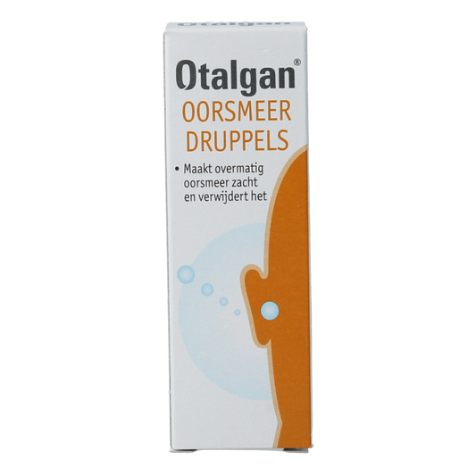 Otalgan Oorsmeer druppels 10ml for ear care, with a dropper and ear in close-up, highlighting ear health and hygiene.