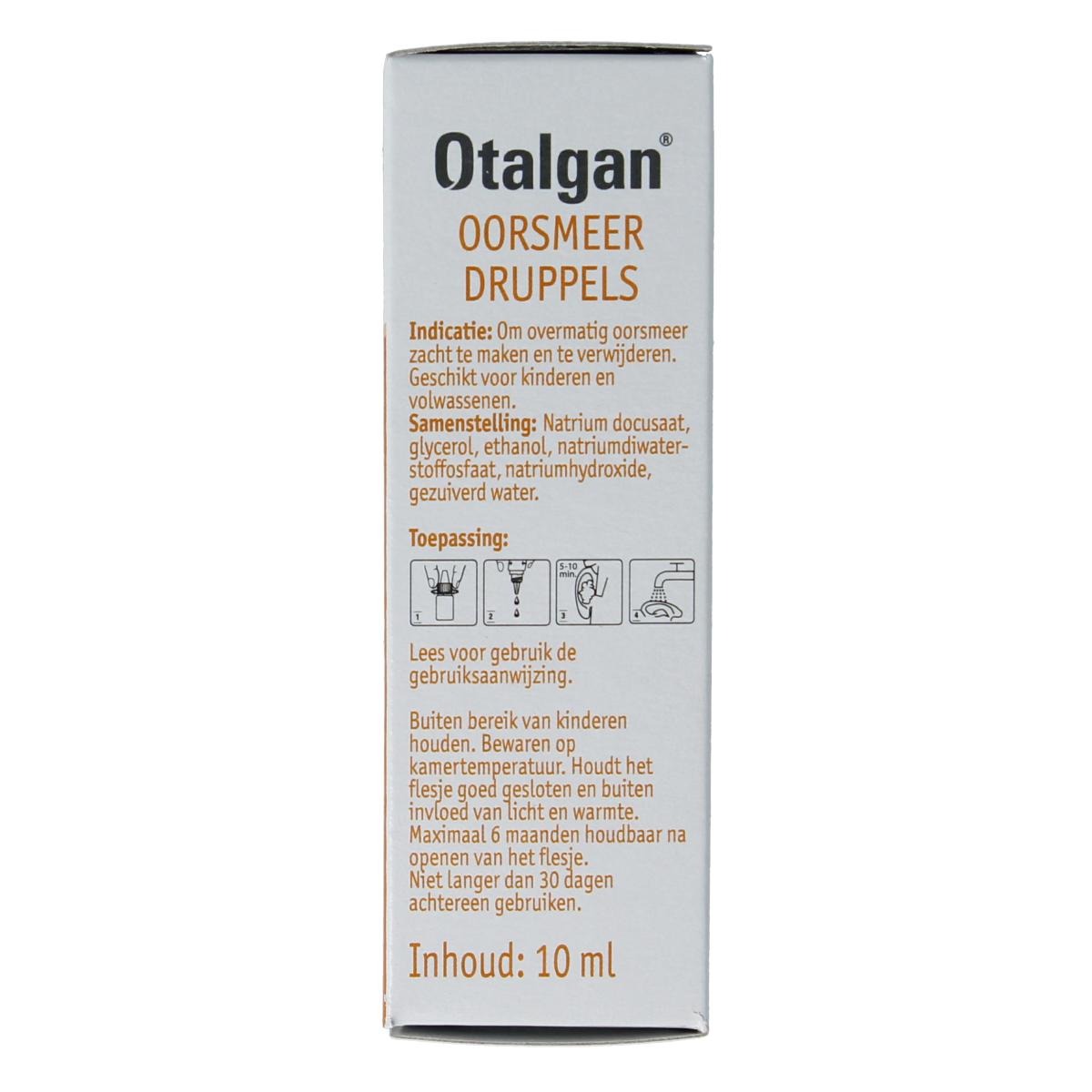 Otalgan Oorsmeer druppels in 10ml bottle, ear care product for earwax removal and ear hygiene.