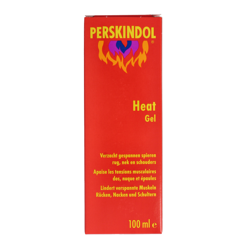 Perskindol Heat gel in 100ml tube, muscle and joint relief product, showing the packaging and product tube.