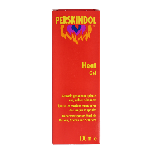 Perskindol Heat gel in 100ml tube, muscle and joint relief product, showing the packaging and product tube.