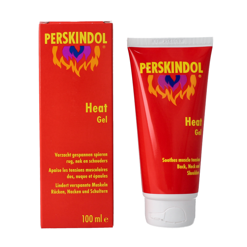 Perskindol Heat gel 100ml for muscle and joint care, with a smooth gel texture and orange and white packaging.