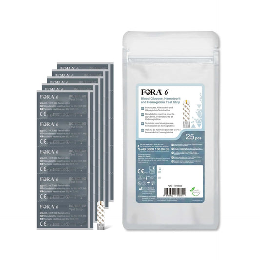 Fora FORA 6 3-in-1 self-test strips for glucose, hemoglobin, hematocrit, in a box with 25 strips, used for health monitoring.