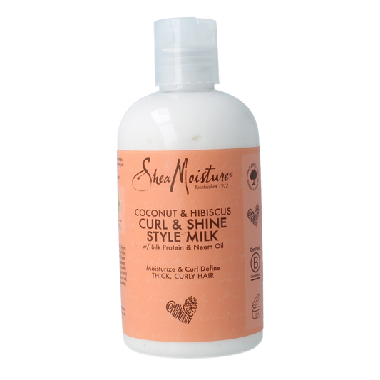 Shea Moisture Curl & Shine Style Milk with coconut and hibiscus, 254ml, Haarverzorging product for curly hair care.