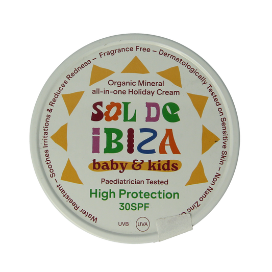 Sol De Ibiza baby & kids SPF30 bio sun protection cream in 100g tube, suitable for children and sensitive skin.