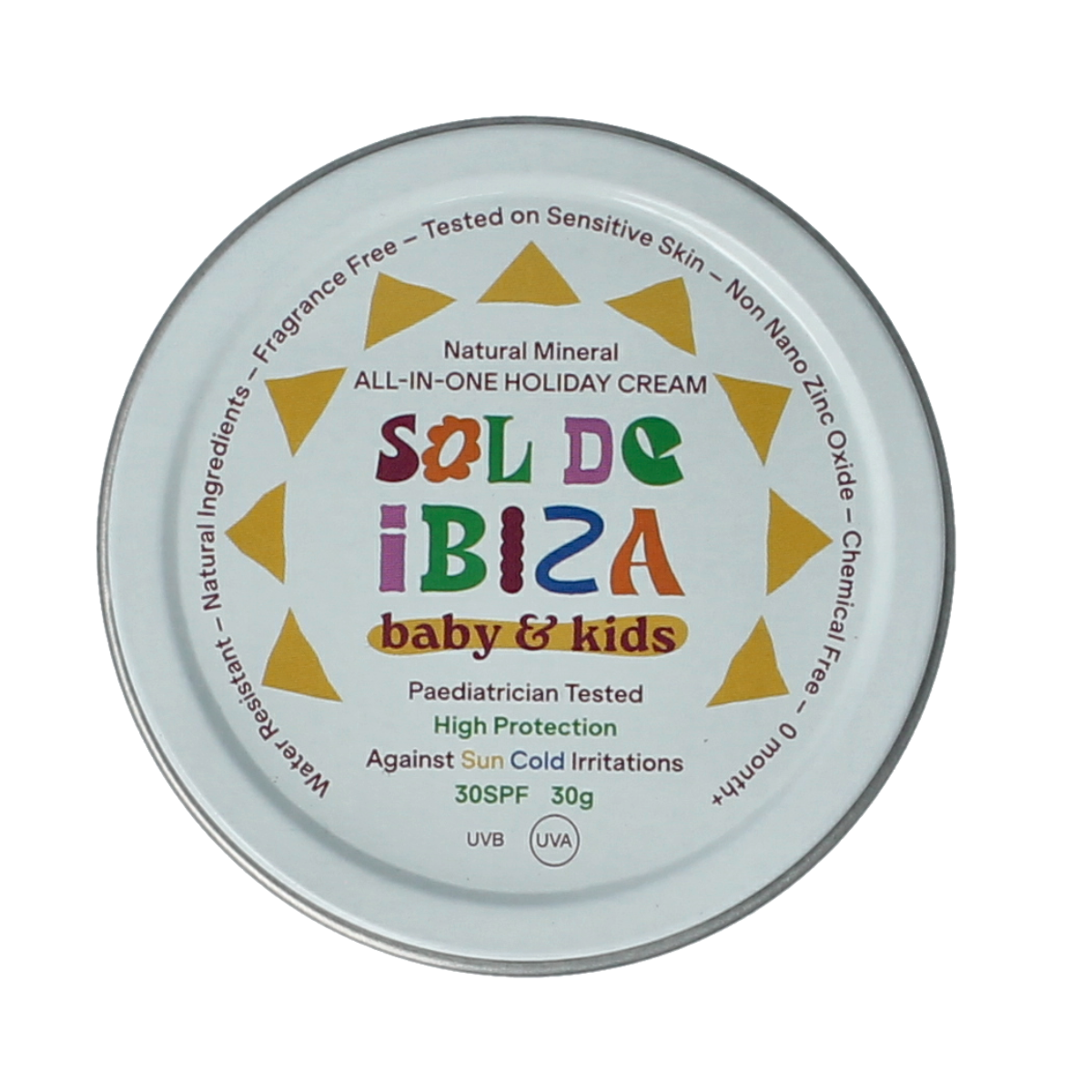 Sol De Ibiza baby and kids SPF30 mini protective sunscreen cream in 30g tube, suitable for sensitive skin and outdoor use