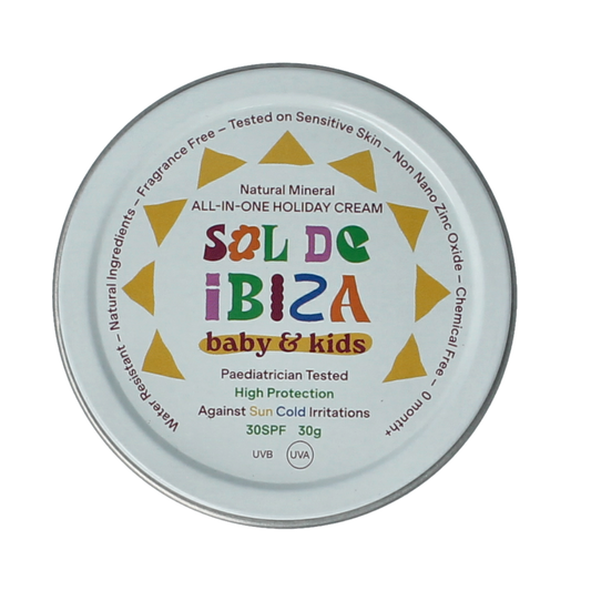 Sol De Ibiza baby and kids SPF30 mini protective sunscreen cream in 30g tube, suitable for sensitive skin and outdoor use
