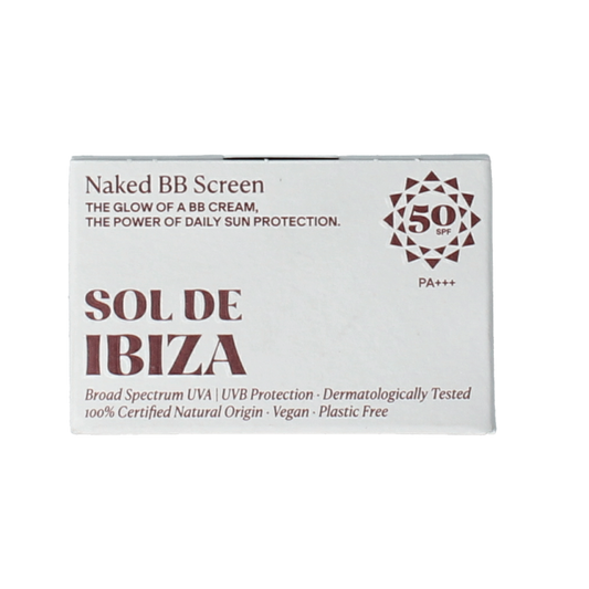 Sol De Ibiza Gezichtscreme getint nude SPF50, 35g, showing the compact tube with product branding and a smooth, tinted cream texture.