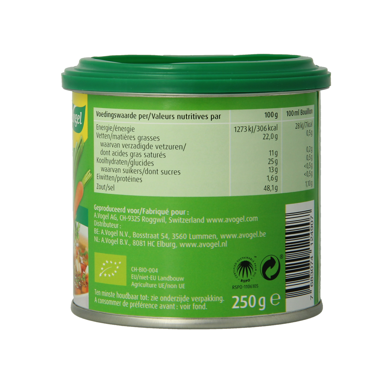 A Vogel Herbamare organic bouillon base in a 250g container, ideal for soups and broths, with herbal ingredients visible.