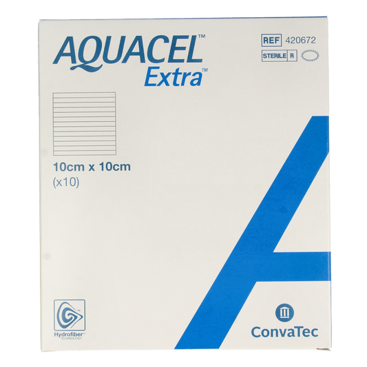 Aquacel Extra absorberende hydrofiber verbanden, versterkend, 10x10cm, 10 stuk, geschikt voor wondzorg