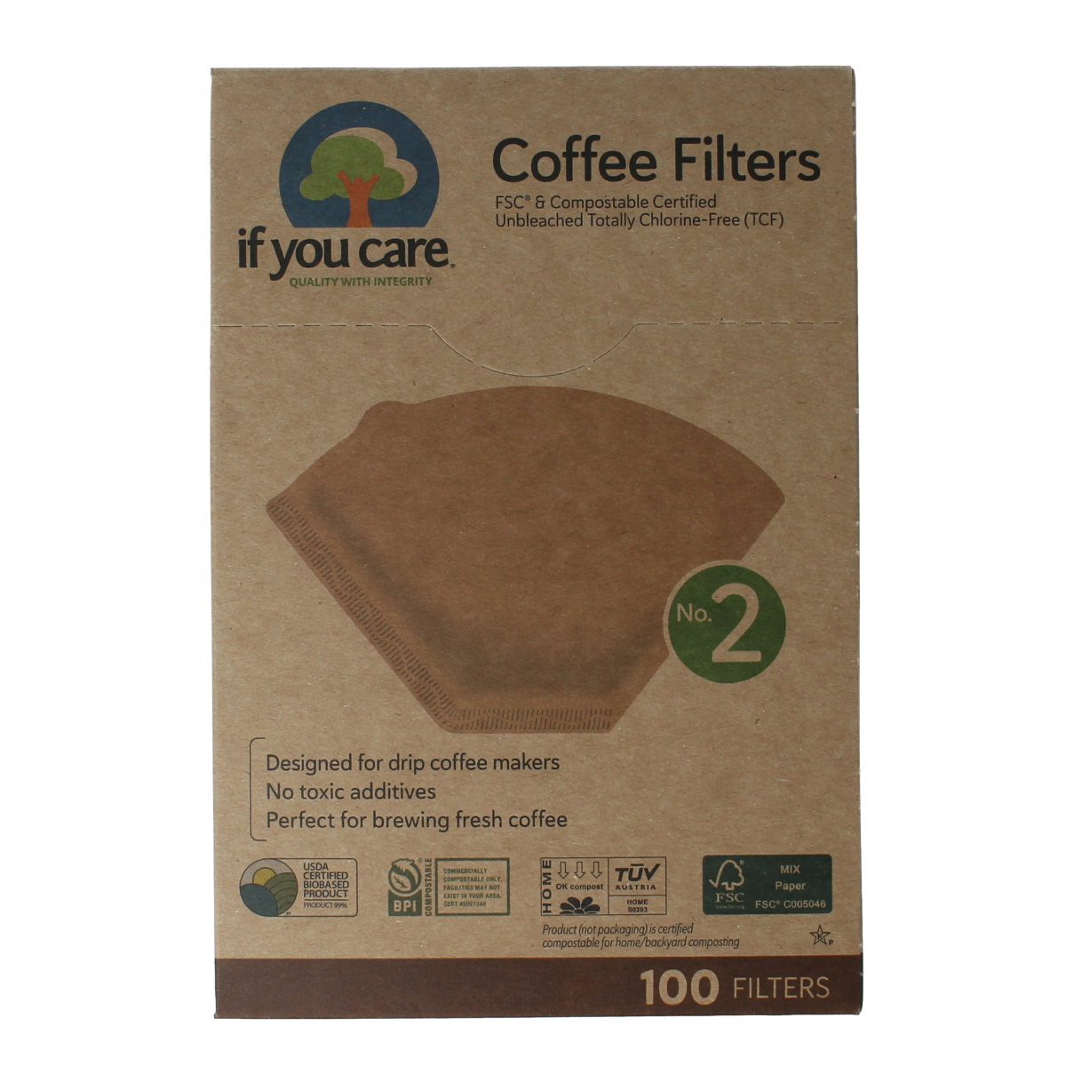 If You Care No. 2 coffee filters for brewing coffee and tea, 100 pack, natural unbleached paper coffee filters.