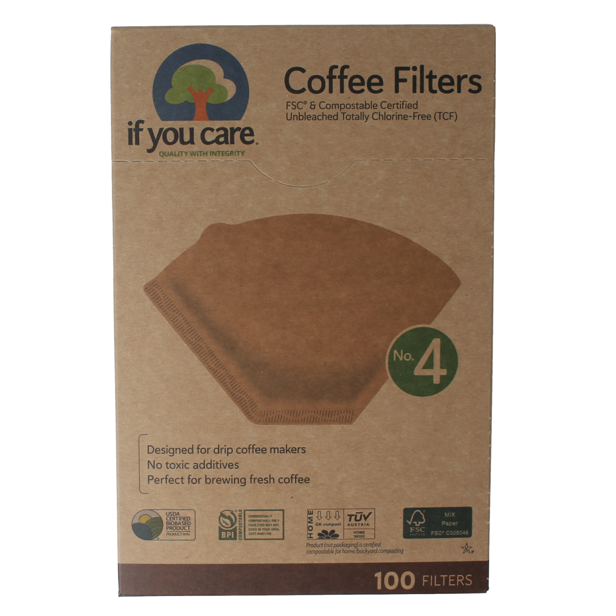 If You Care no. 4 coffee filters, 100-pack, natural unbleached paper filters for coffee and tea brewing.