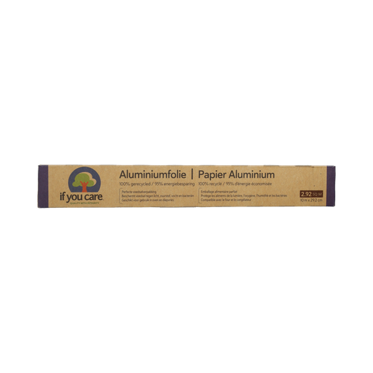 Roll of If You Care aluminium foil, 10 meters long, used for cooking and food storage, in a natural silver finish.