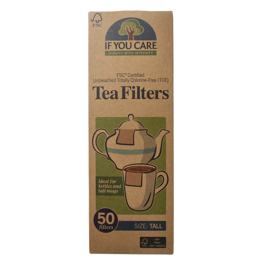 Stack of If You Care Theefilters tall 50-pack for cooking and dining, made from eco-friendly materials, shown in the image.