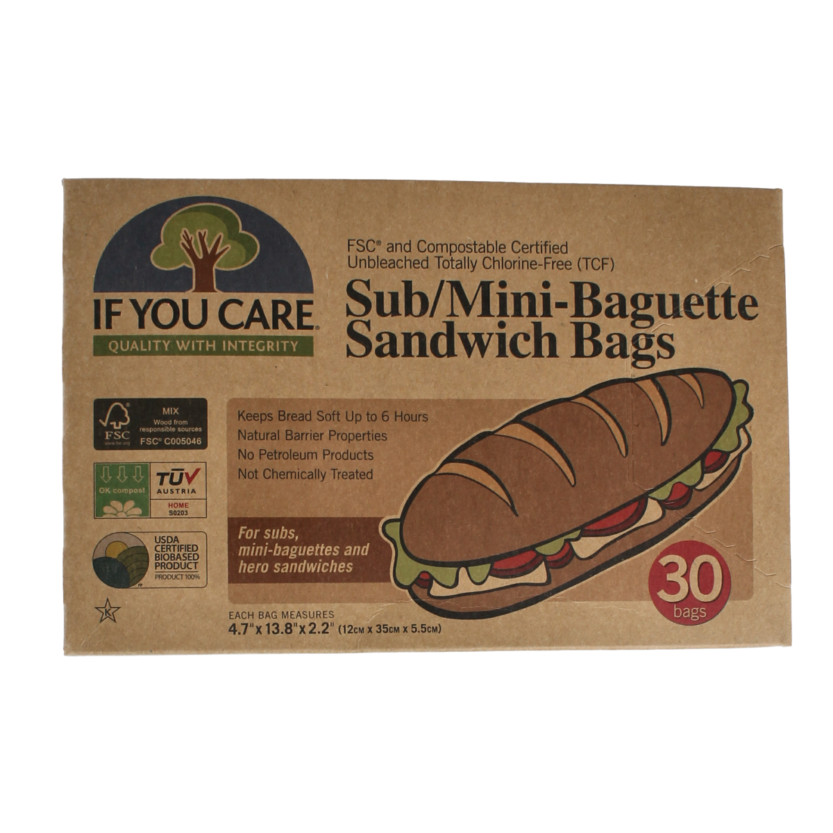 Set of 30 If You Care mini baguette and sandwich trash bags, eco-friendly household trash bags for food storage and waste.