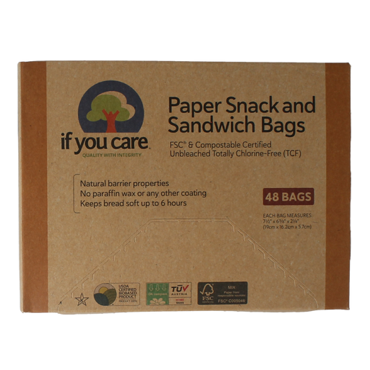Eco-friendly If You Care snack and sandwich bags made of compostable material, displayed in a stack on a clean surface.