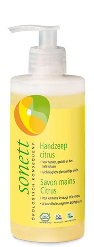 Sonett citrus hand soap in a 300ml bottle, natural liquid hand cleanser with citrus scent, suitable for hand care.
