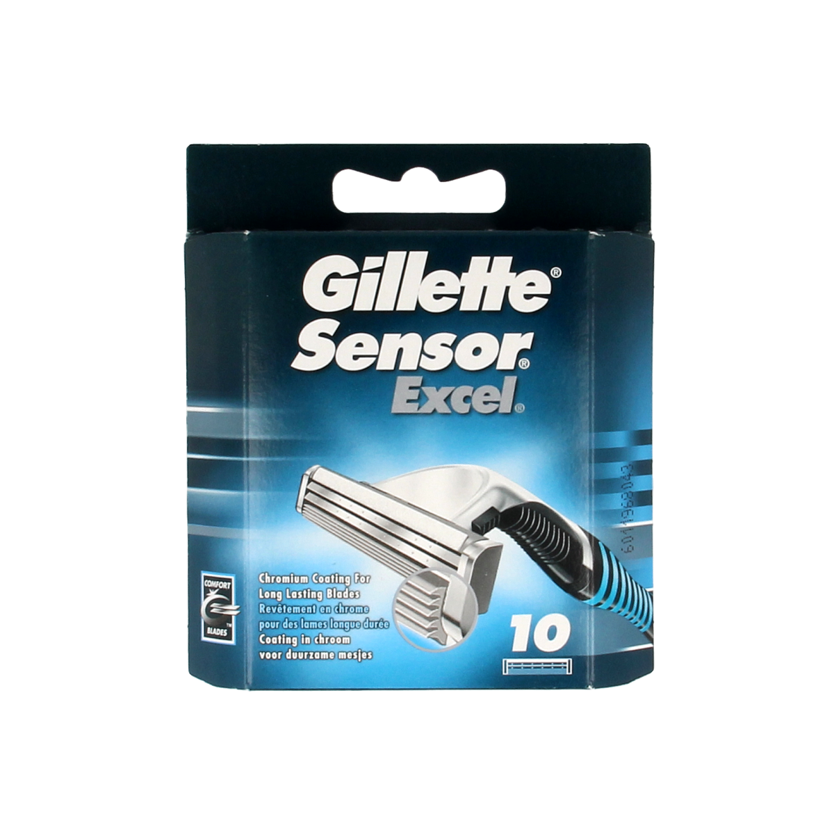Gillette Sensor Excel razor blades, pack of 10, for shaving instruments with sharp, precise blades.