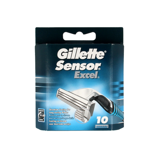 Gillette Sensor Excel razor blades, pack of 10, for shaving instruments with sharp, precise blades.
